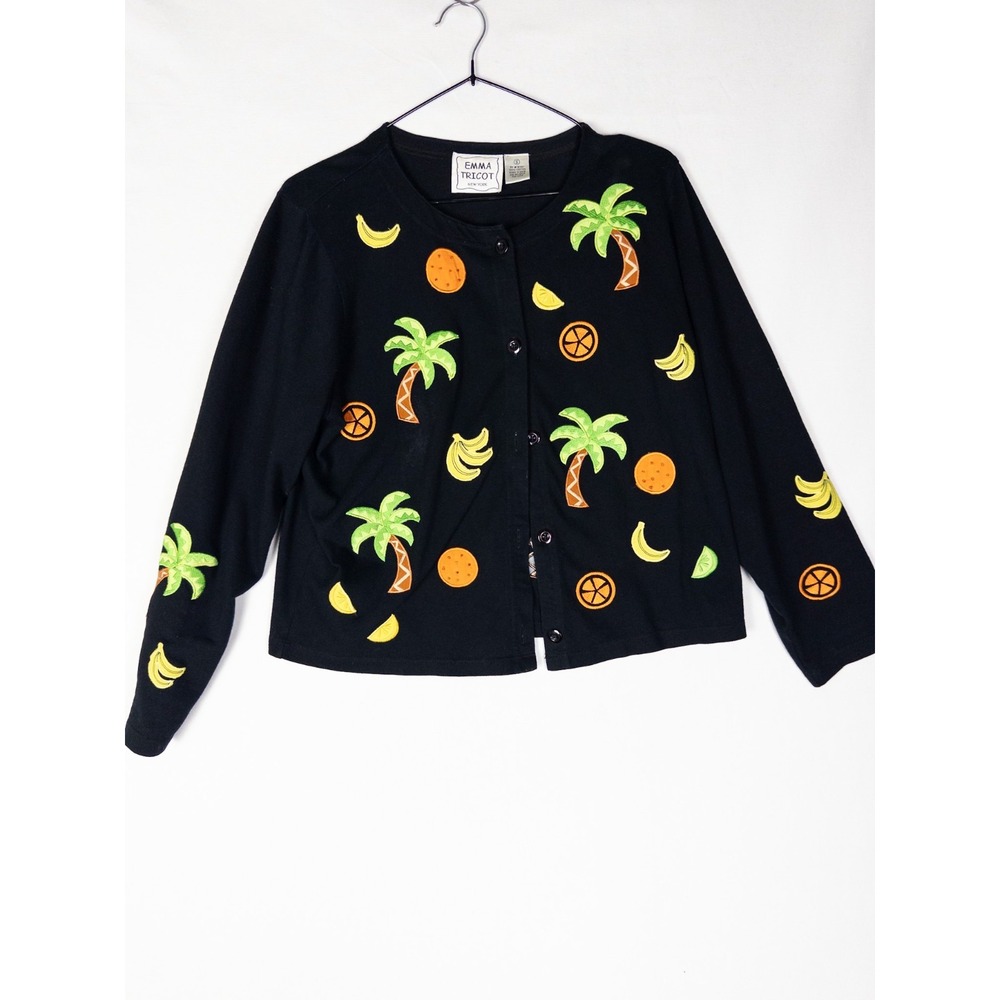 Emma Tricot Sweater Cardigan Womens S Black Fruit Print Button Up‎ Cotton